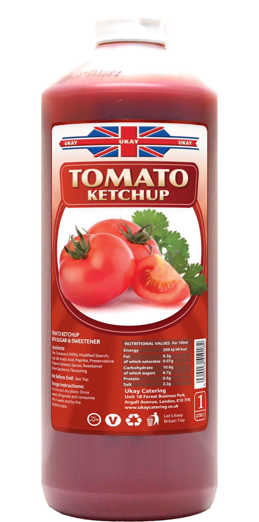 A 1lt bottle of Tomato Ketchup Ukay Catering Tomato Ketchup. A Red 4 Litre Bottle With a yellow Label, The Union Jack Logo and bunched Tomato's.