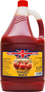 A 4lt bottle of Tomato Sauce Ukay Catering Tomato Ketchup. A Red 4 Litre Bottle With a yellow Label, The Union Jack Logo and bunched Tomato's.